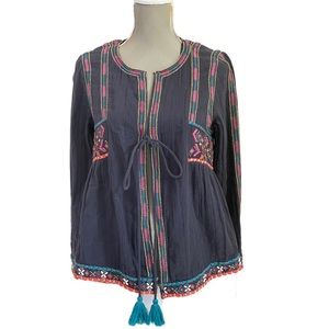 Star Mela NWT Open Tassle Tie Front Embellished Tunic Blue